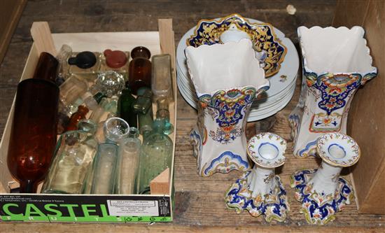 Assorted ceramics, glass bottles etc